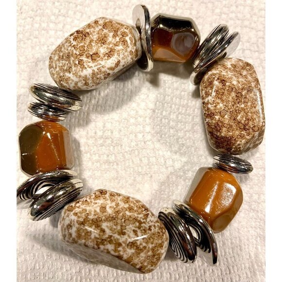 Breast Plate Necklace Graduated Wooden Beads & Stone Silver Tone Bracelet Chunky - Picture 4 of 9
